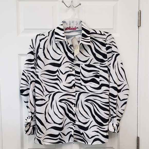 Polo Bonetta, NWT, white black zebra print long sleeve button down blouse, L/XL - Picture 2 of 11